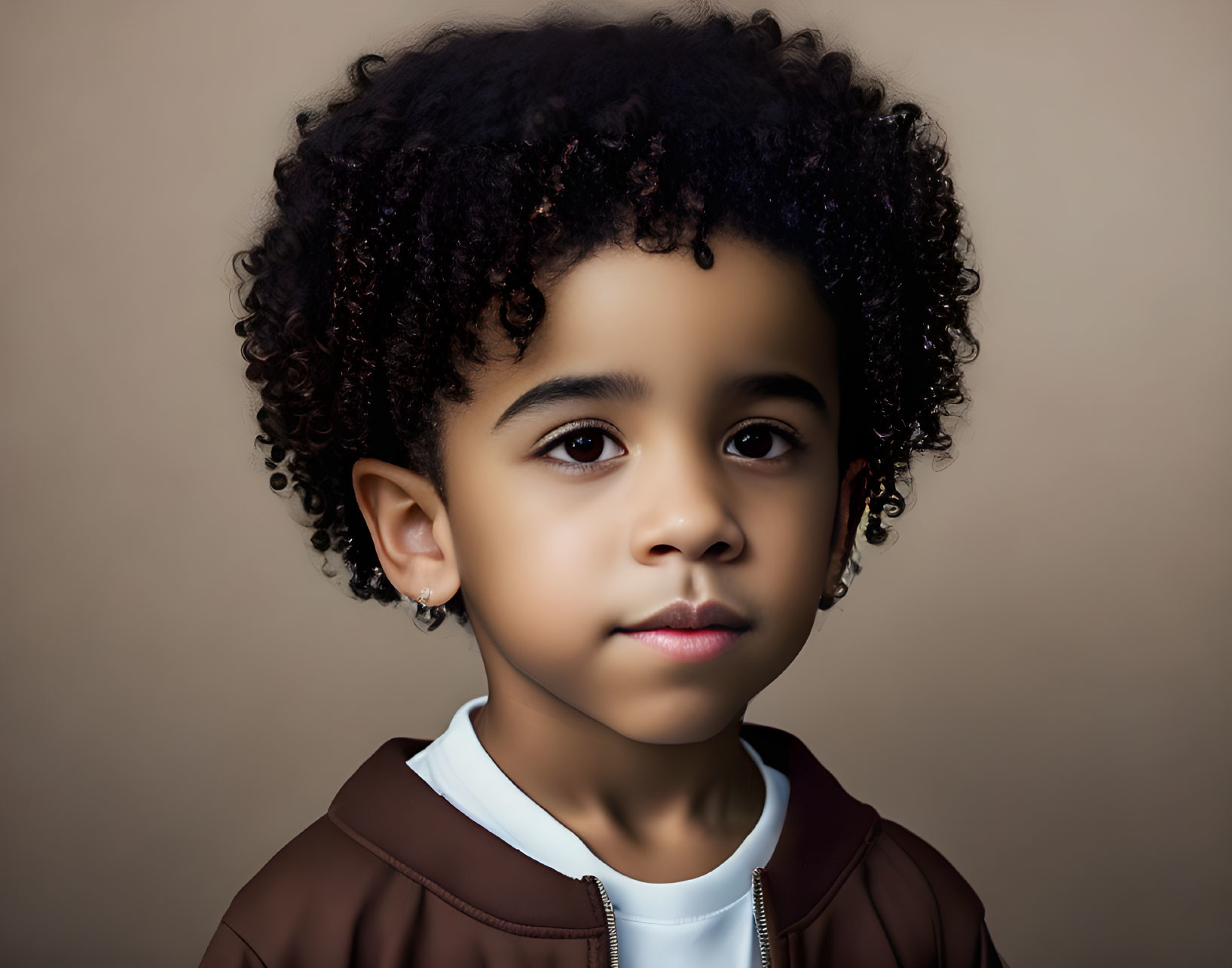 Portrait of young child with curly hair, ear piercings, brown jacket, white shirt, beige