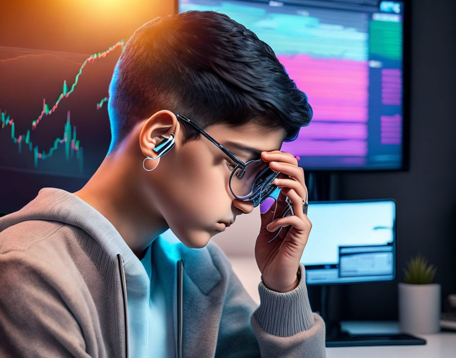 Focused individual with glasses analyzing data on computer screens in a dimly lit room