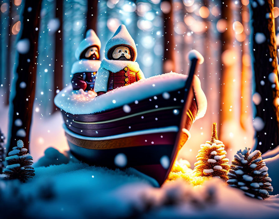 Miniature Santa Claus in snowy forest with boat and glowing lights