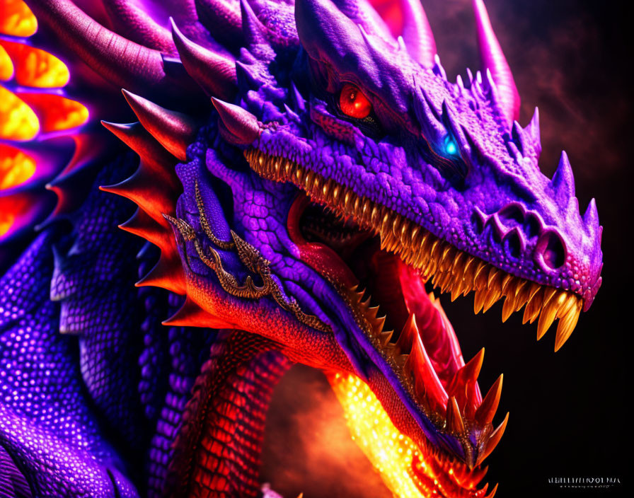 Vivid Digital Artwork: Purple Dragon with Glowing Red Eyes