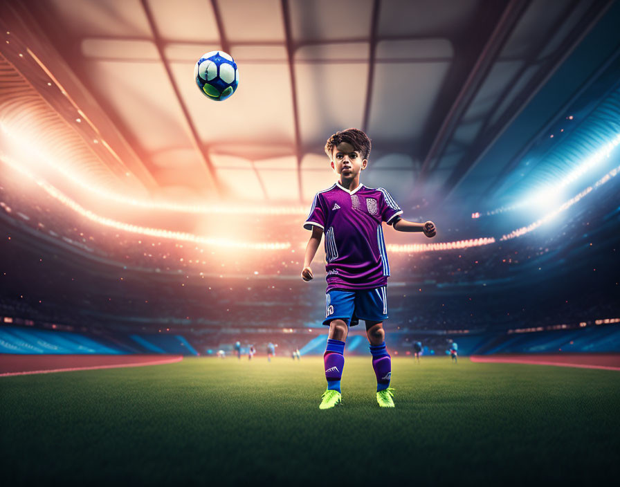 Young Soccer Player in Purple Kit Focuses on Ball in Mid-Air at Stadium