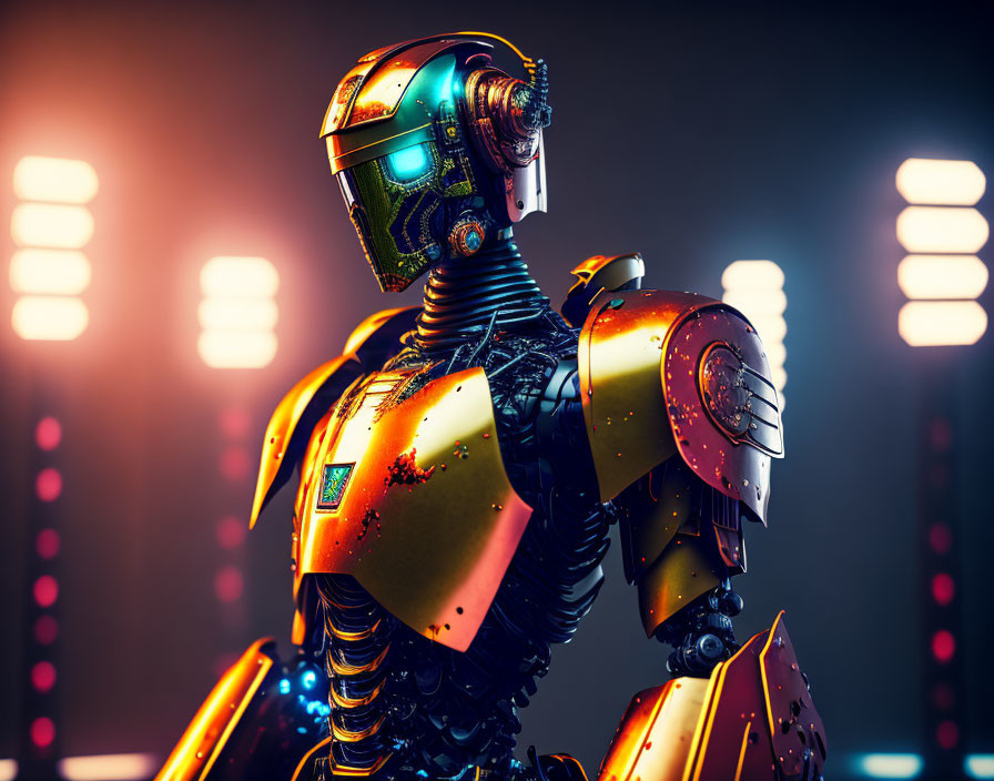 Futuristic Robot with Gold and Rust Patina on Illuminated Panel Backdrop