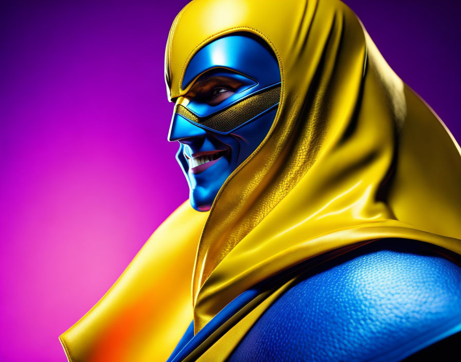 Colorful Portrait of Masked Superhero in Yellow Cape and Blue Suit