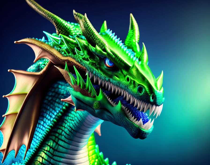 Colorful digital artwork: Green dragon with blue scales and red eyes