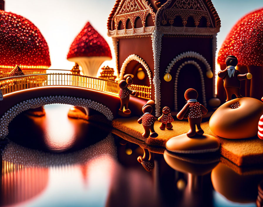 Decorative gingerbread village with houses, bridge, and people under warm light