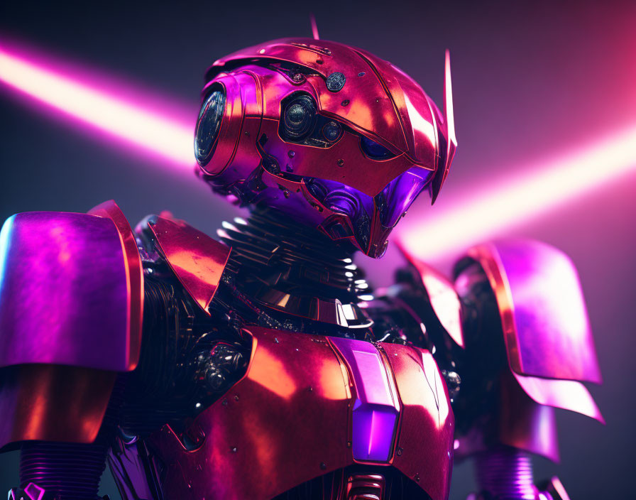 Detailed Red Robotic Figure with Mechanical Head in Pink and Purple Lights