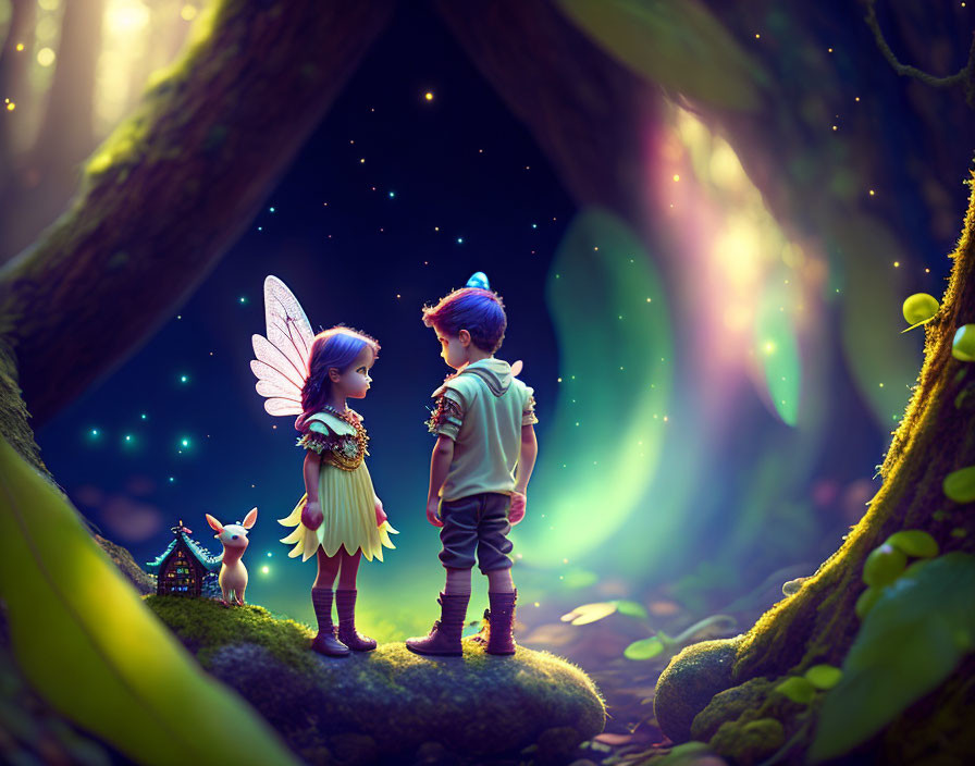 Animated children with fairy wings in magical forest with glowing lights