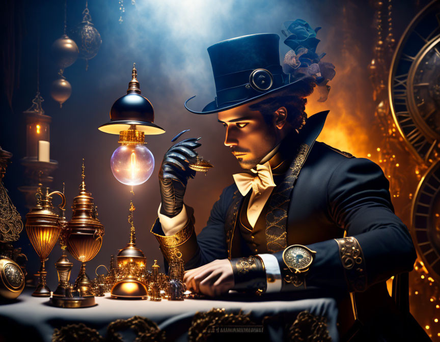 Victorian attire with goggles, brass ornaments, and glowing orb create steampunk vibe