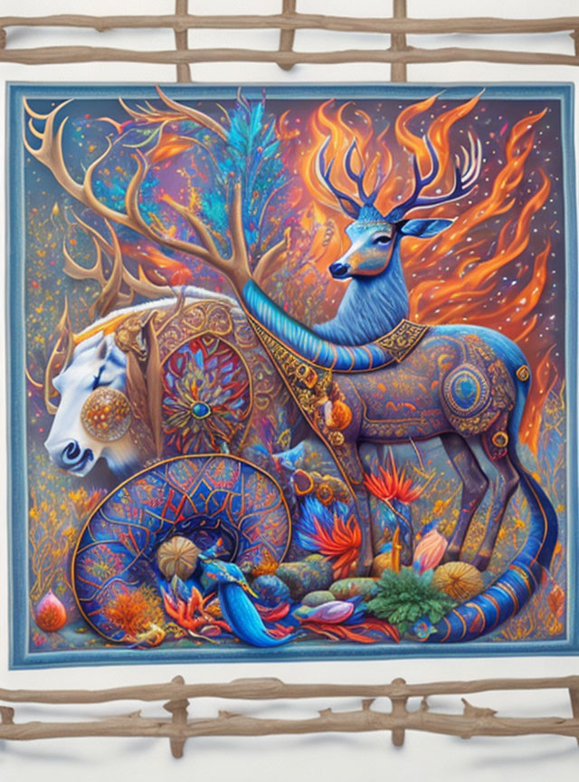 Colorful artwork featuring mystical blue deer, fiery autumn leaves, pale horse, and vibrant flora.