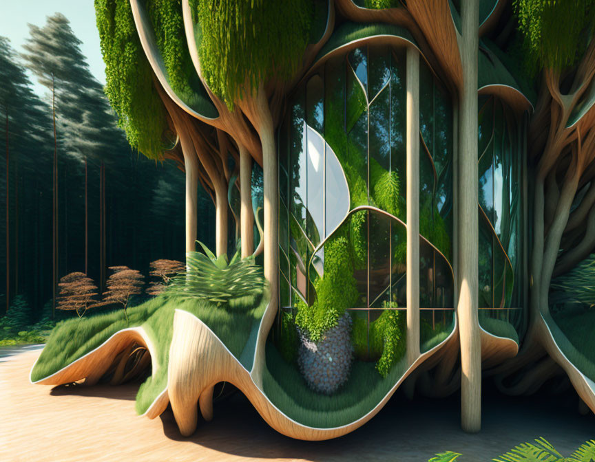 Futuristic treehouse with organic wooden structures and glass windows