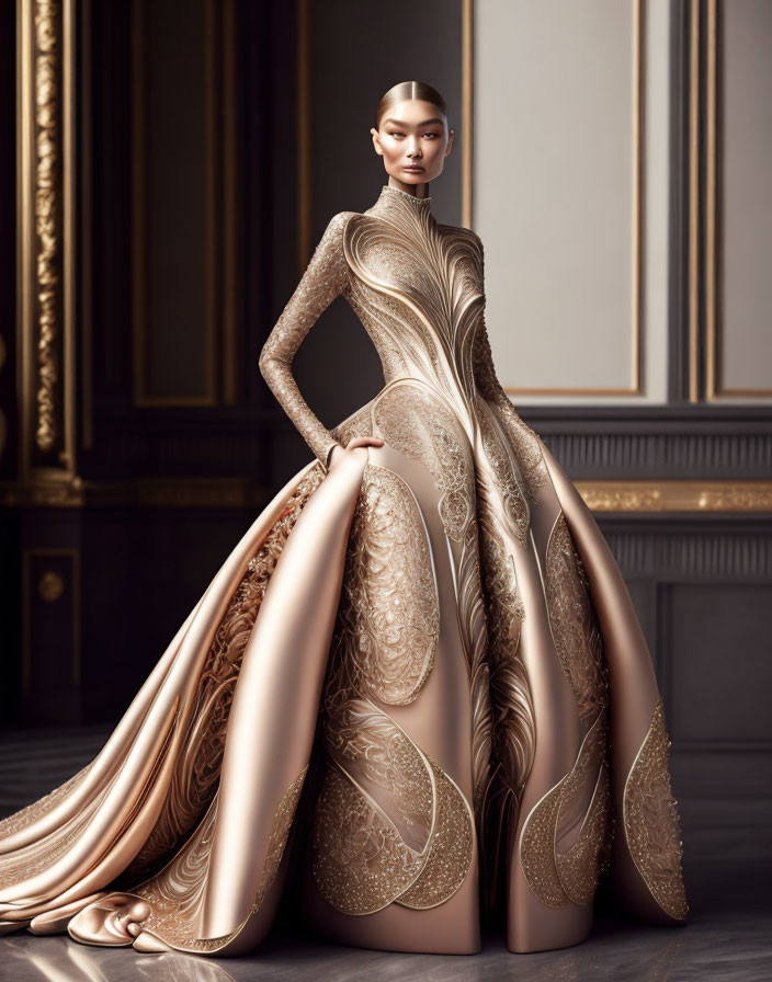 Luxurious Beige Gown with Golden Patterns in Elegant Room