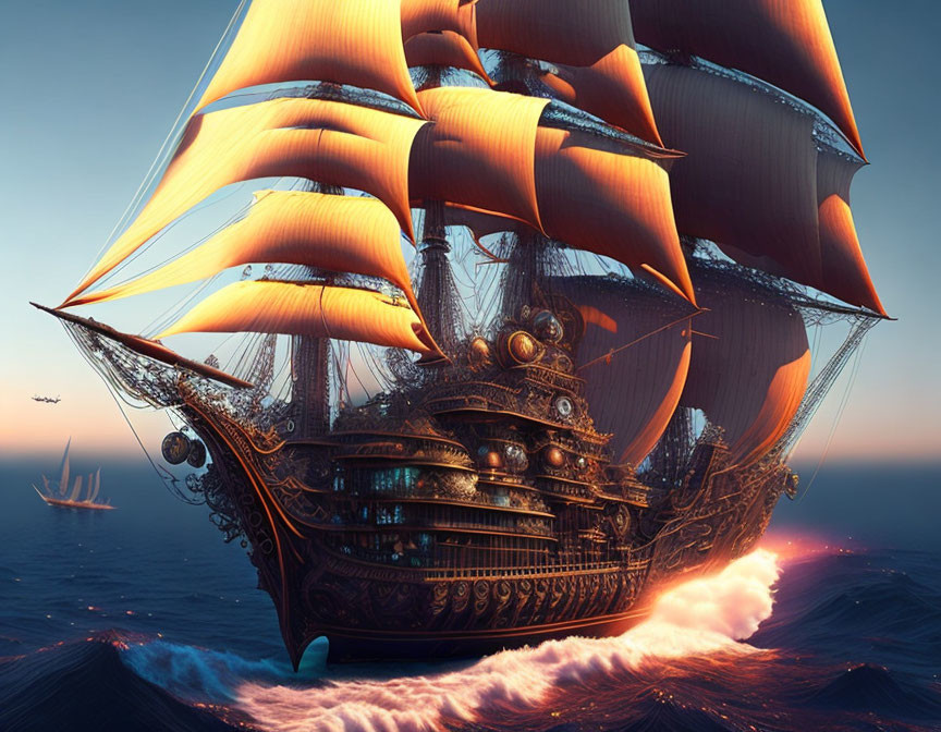 Fantastical ship with orange sails sailing at sunset