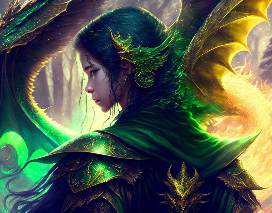 Fantasy illustration of a person with green dragon-like wings and armor