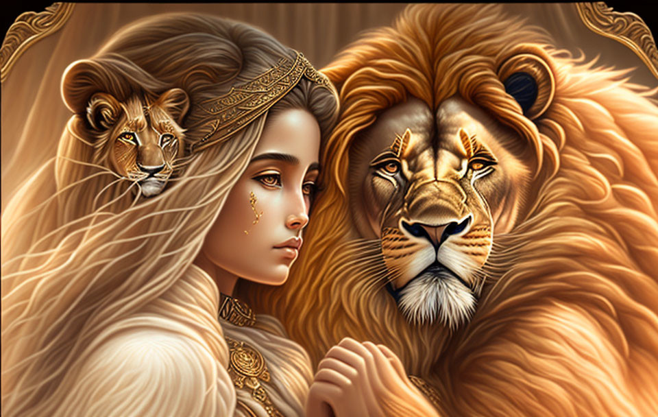 Digital Artwork: Woman with Lion and Cub, Regal Features