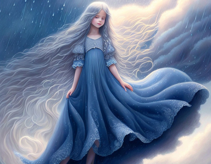 Young girl in blue dress with star patterns in serene illustration