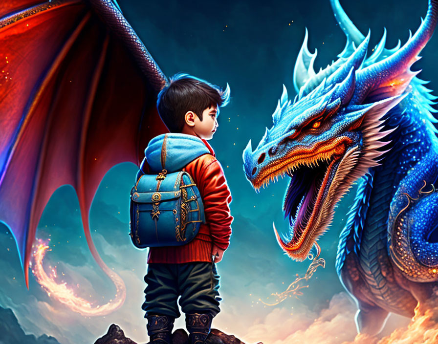 Young boy with backpack confronts blue dragon under dramatic sky