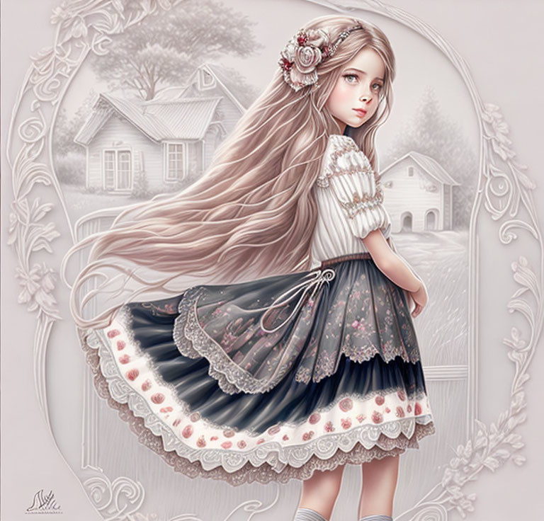 Illustrated girl with long hair in floral dress by quaint house and stylized frame