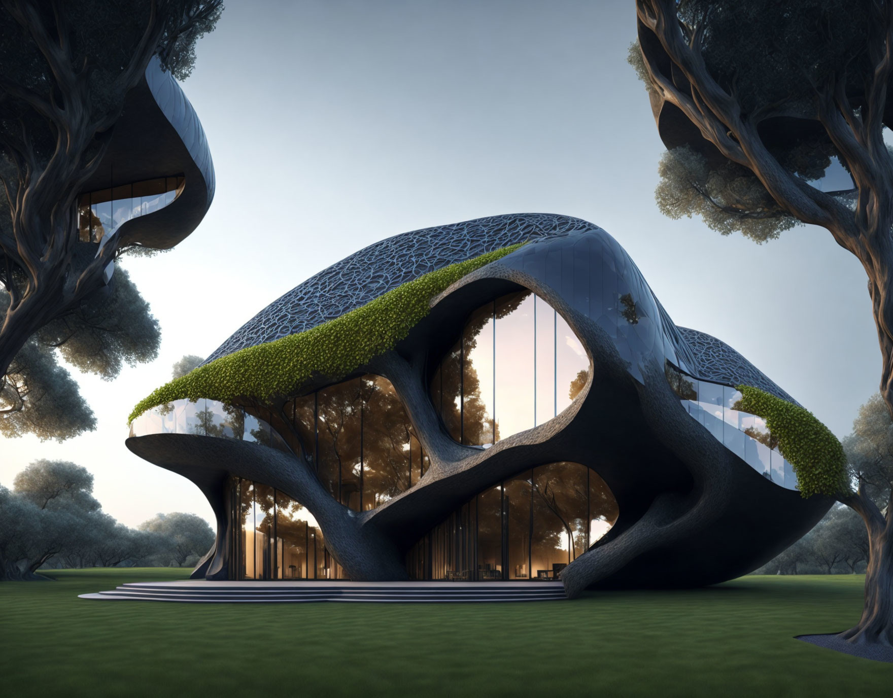 Modern organic-shaped building with glass panels, tree-surrounded twilight setting, patterned facade, and green