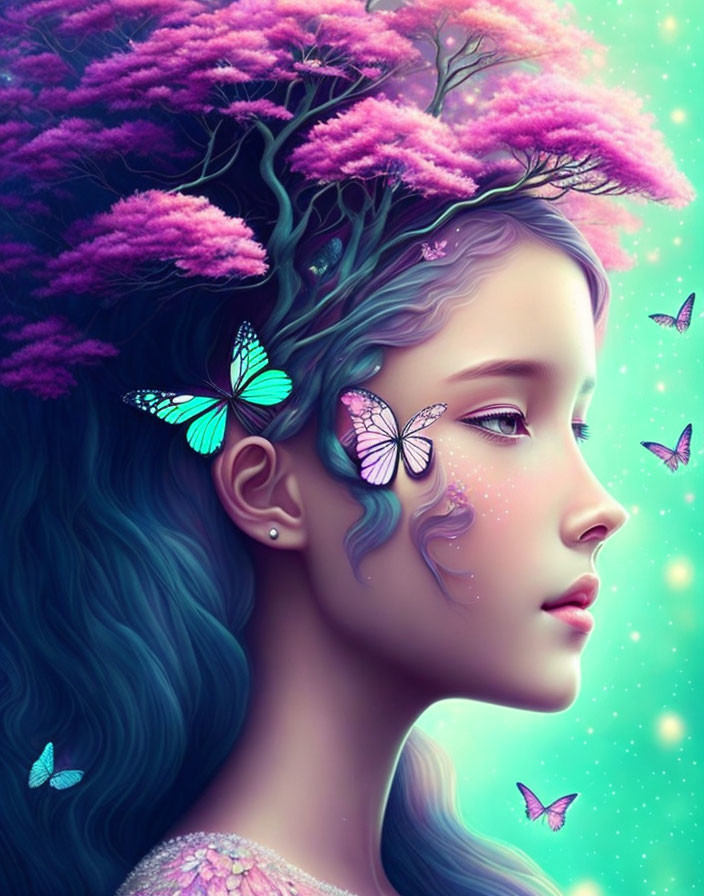 Young girl with blue hair and pink blossoms, surrounded by butterflies