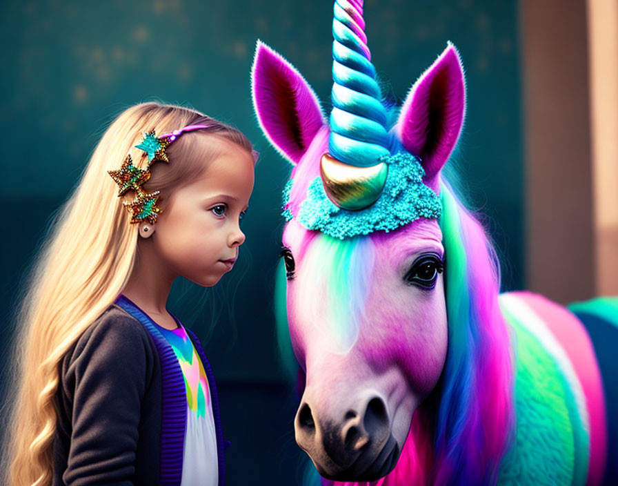 Young girl with decorative hair clips gazes at colorful unicorn