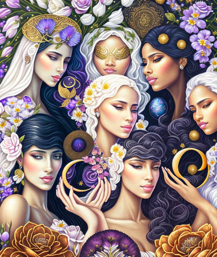 Ethereal women with flowers in hair surrounded by celestial motifs