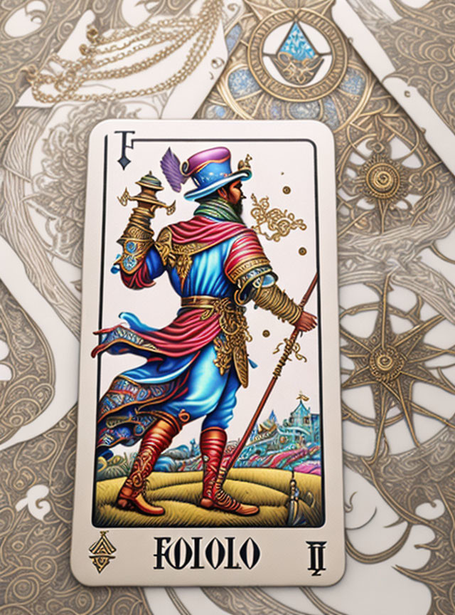 Colorful Man Tarot Card with Hat, Staff, and Castles on Grass