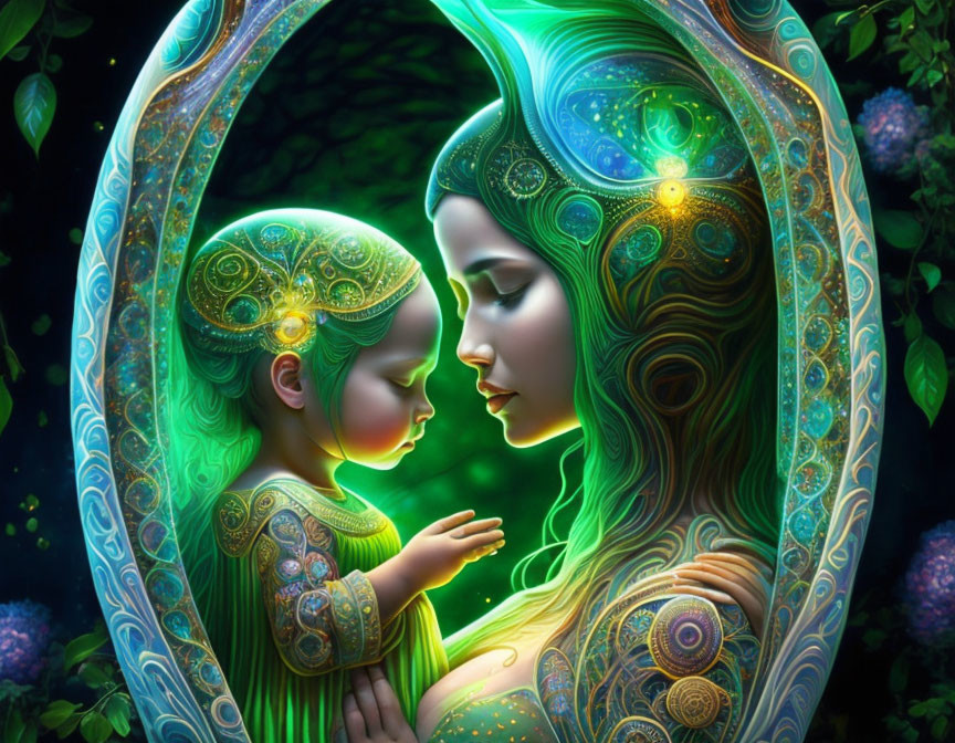 Digital artwork: Woman and child with glowing skin patterns embrace in magical forest