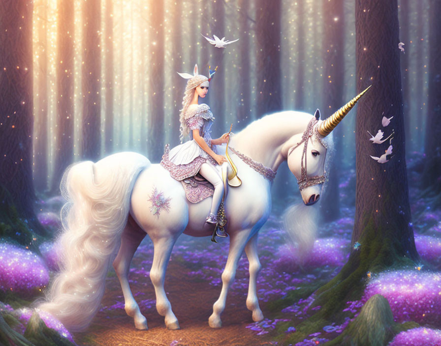 Princess on White Unicorn in Enchanted Forest with Purple Flowers