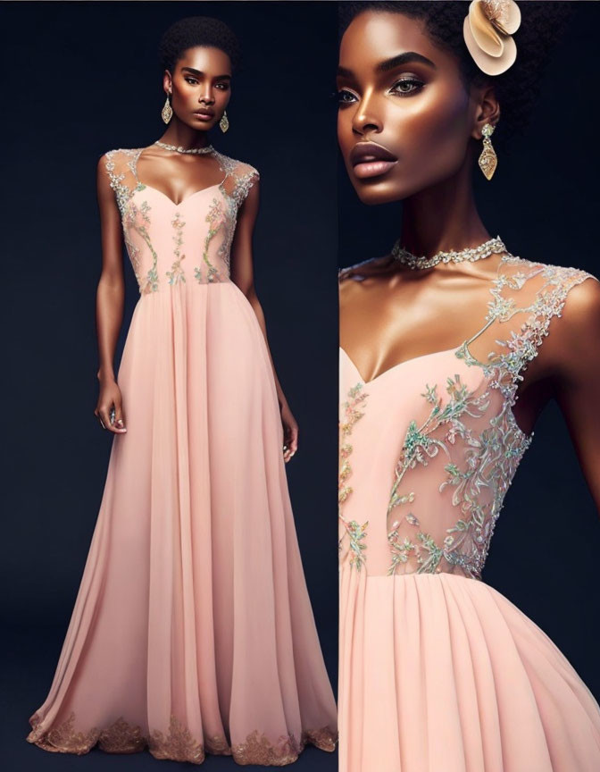 Elegant Peach Gown with Floral Embroidery and Pearl Necklace