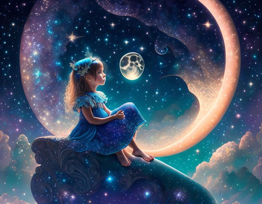 Young girl on crescent moon gazes at full moon in starry sky, wearing blue dress and