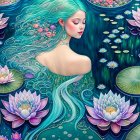 Illustration of woman with teal hair surrounded by pink lotus flowers in shimmering water