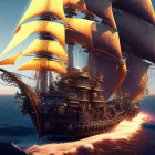 Fantastical ship with orange sails sailing at sunset