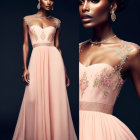 Elegant Peach Gown with Floral Embroidery and Pearl Necklace