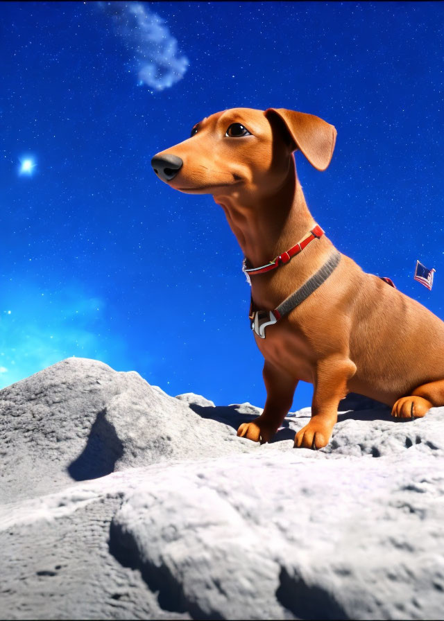 Dachshund in spacesuit on lunar surface with Earth and American flag