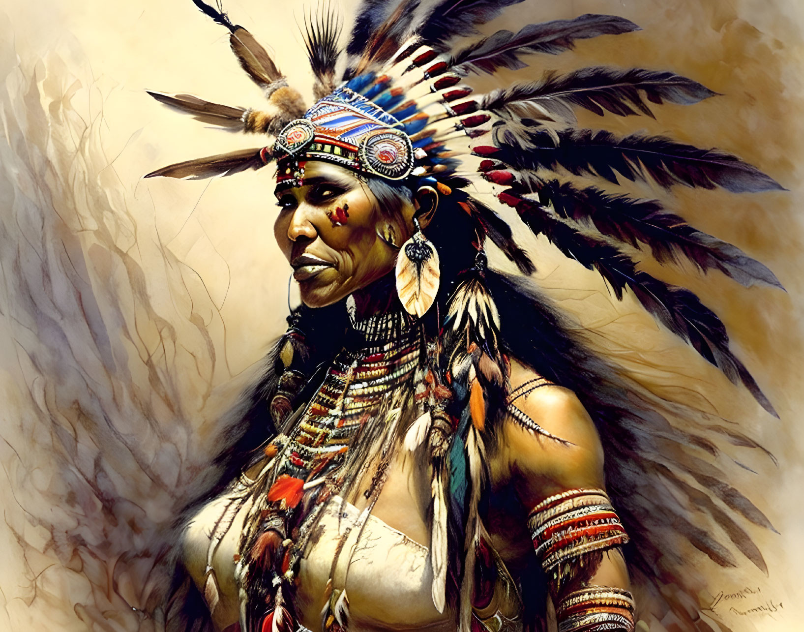 Native American chief with feather headdress and tribal jewelry.