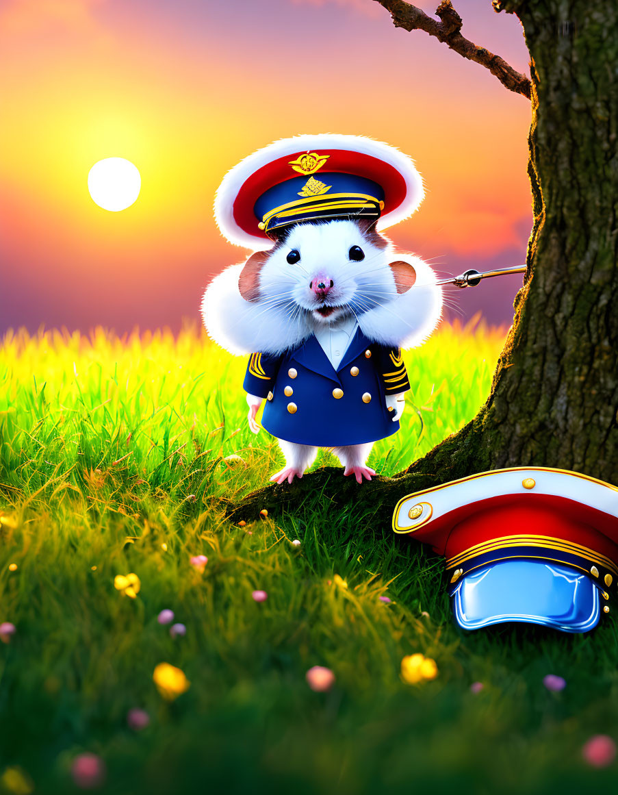 Cartoon mouse in naval officer uniform in meadow at sunset