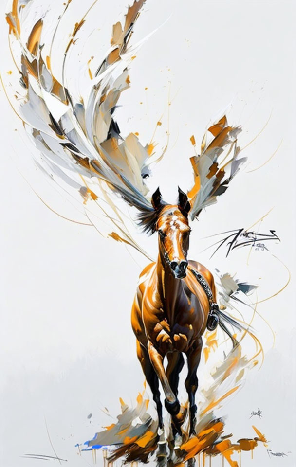 Abstract Horse Painting with Gold and White Flowing Wings