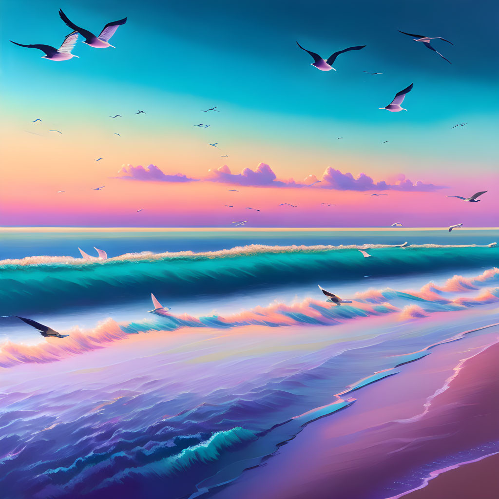 Vibrant Beachscape with Colorful Sky and Rolling Waves at Sunrise or Sunset