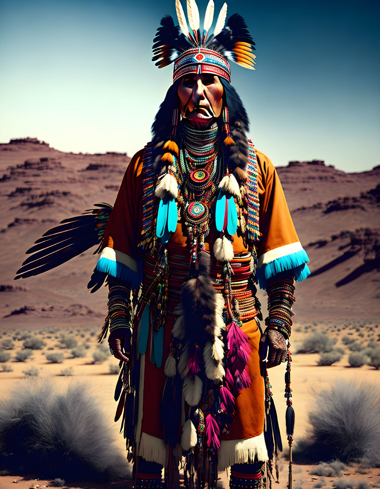 Native American person in traditional attire in desert landscape