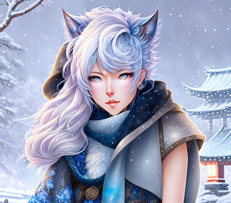 Fantasy illustration of person with white fox ears, violet eyes, silver hair, blue scarf, snowy