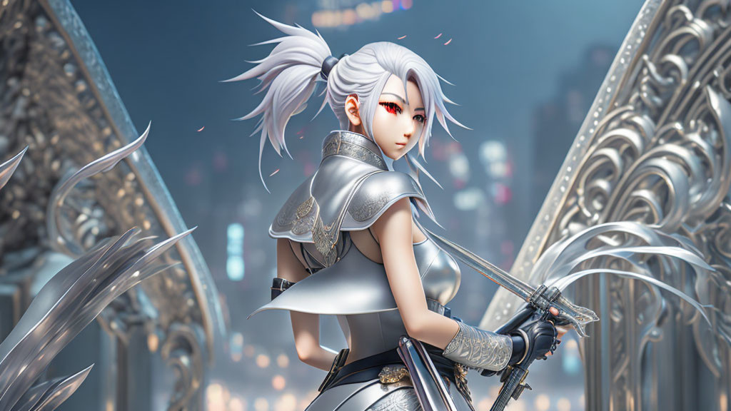 Silver-Haired Warrior in Ornate Armor with Sword in Futuristic City