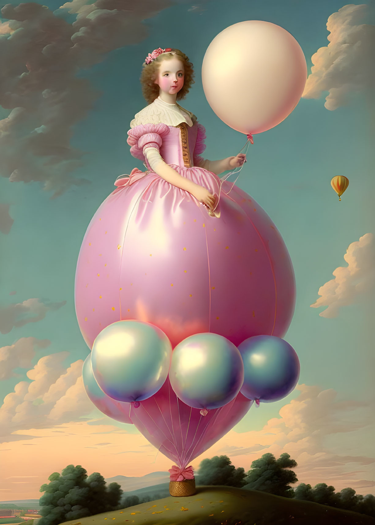 Whimsical artwork featuring girl with balloon dress in dreamy sky