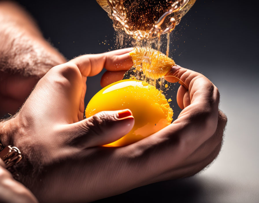 Glowing cracked egg held by hands with luminous particles on dark background