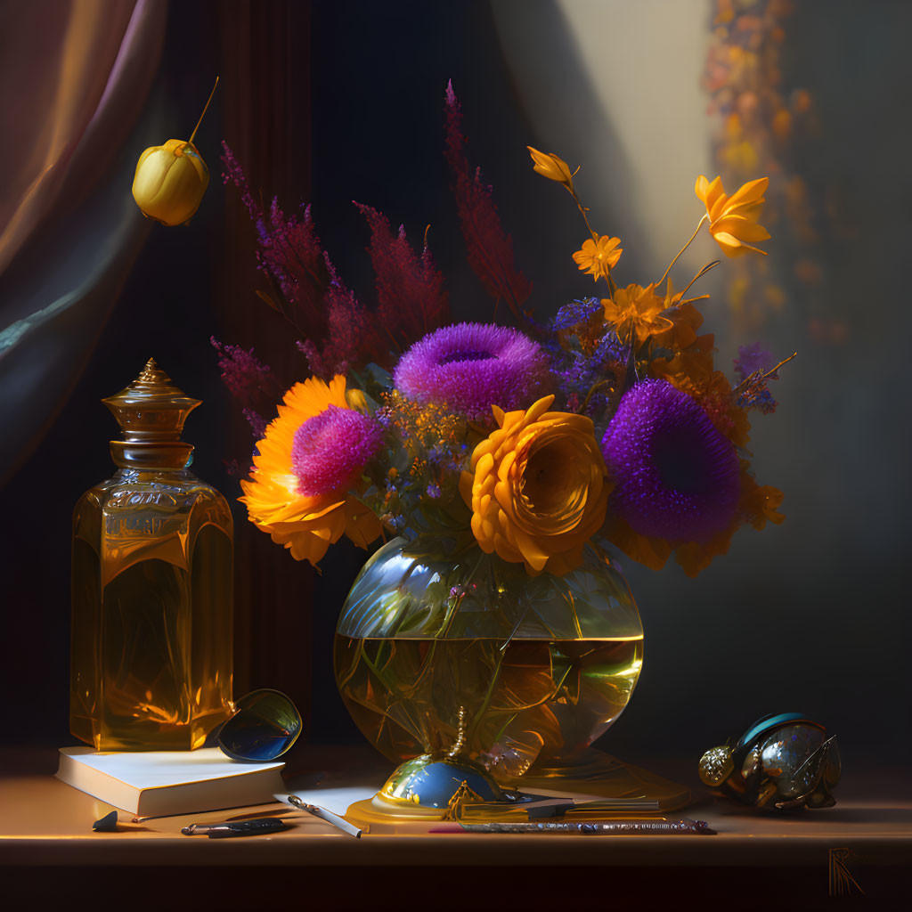 Colorful flowers, antique bottle, book, spectacles, and silver snail on a table