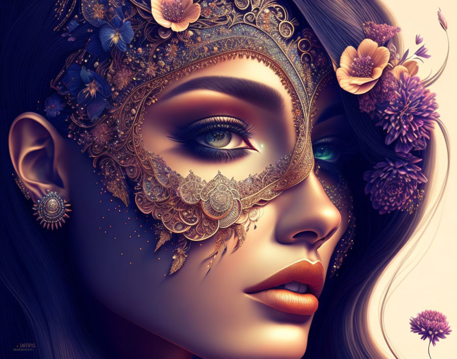 Detailed digital artwork of woman with golden filigree masquerade mask and green eyes.