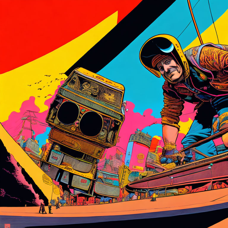 Colorful Comic-Style Illustration: Mustached Character in Helmet with Flying Robot over Futuristic City