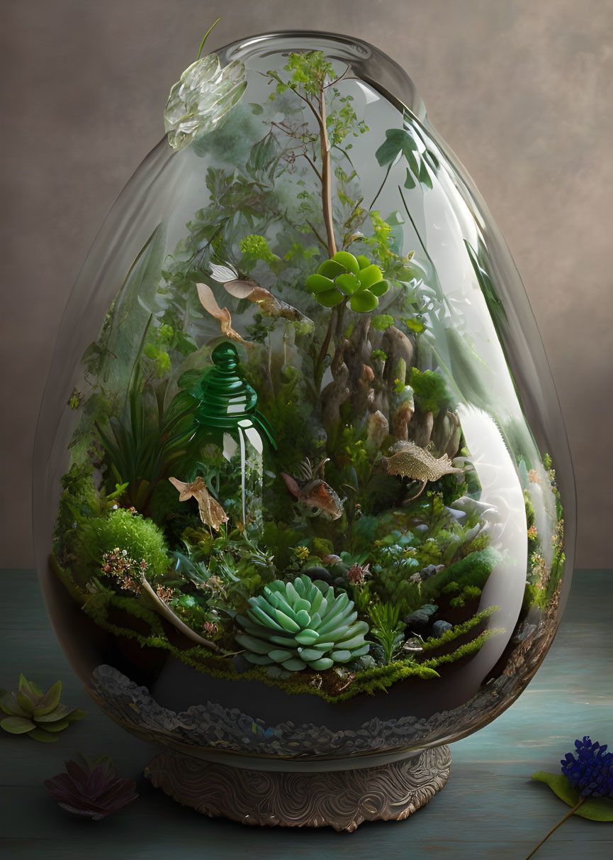 Ornate terrarium with lush green plants and miniature glasshouse