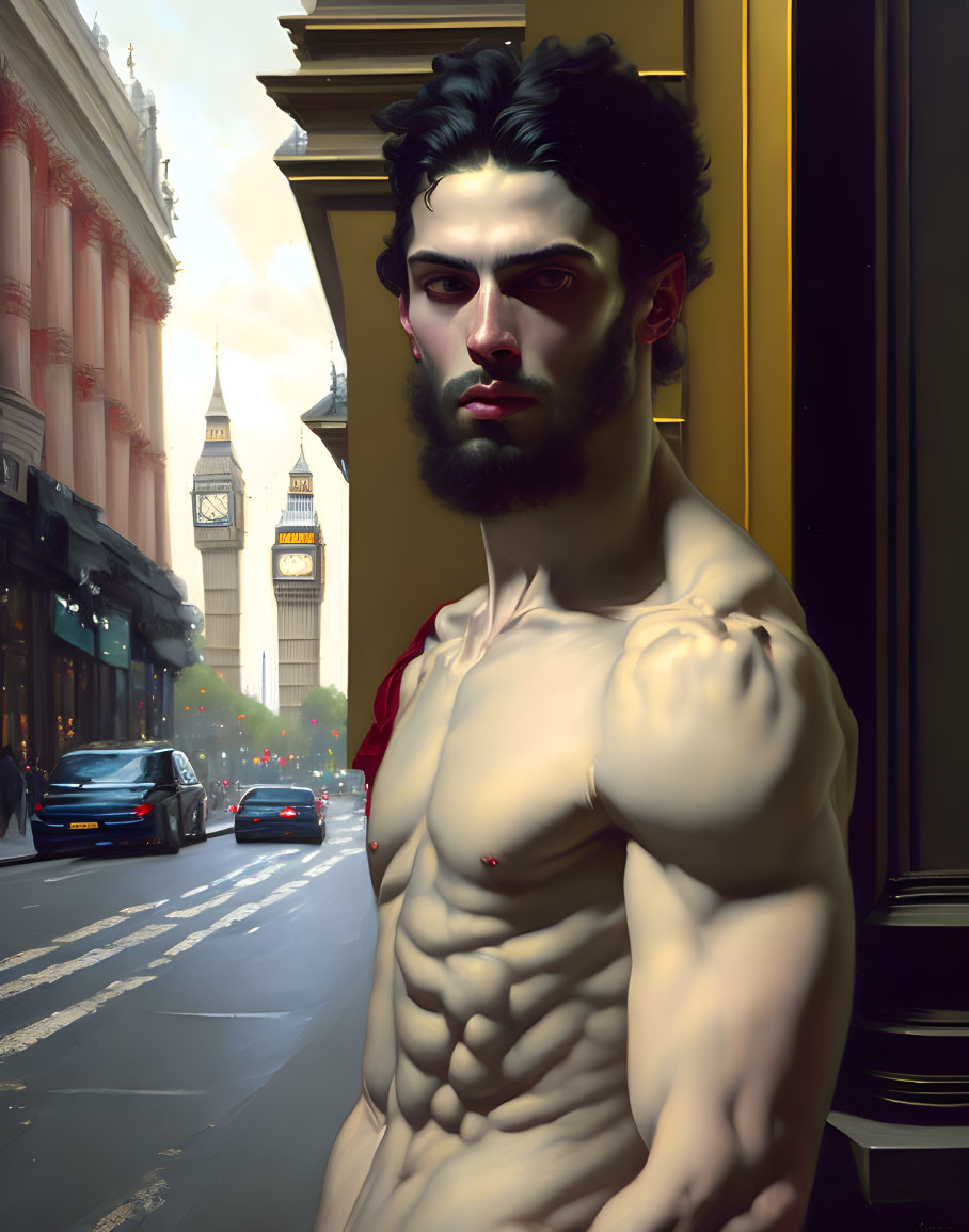 Muscular bearded man posing shirtless in city street with Big Ben.