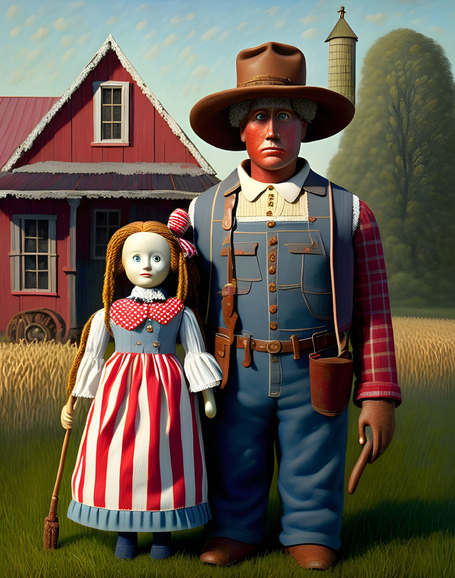 Cowboy-themed illustration with man and doll in front of red farmhouse