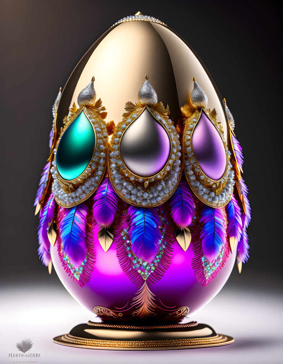 Jewel-encrusted golden peacock feathers on ornate egg with blue and purple pl